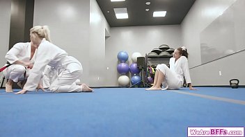 Blonde and brunette best friends deepthroating their karate teachers big cock.The blonde facesits her gf while her besties fucked and licking her bff