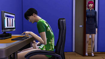 Japanese Mom Catches Her StepSon Masturbating In Front Of The Computer And Then Helps Him Have Sex With Her For The First Time