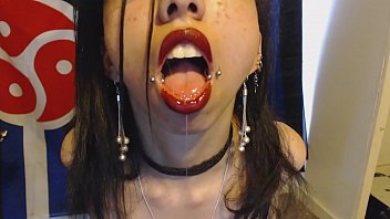 Goth with Red Lipstick Drools a Whole Lot and Blows Spit Bubbles at You - Spit and Saliva and Lipstick Fetish