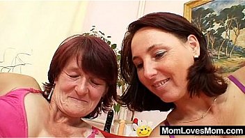 Hairy grandma toyed by busty mature lesbian