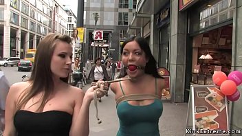 Hot big fake tits brunette slave Angelica Heart takes bondage tour of the city by Zenza Raggi and Harmony Rose then fucked in hidden places
